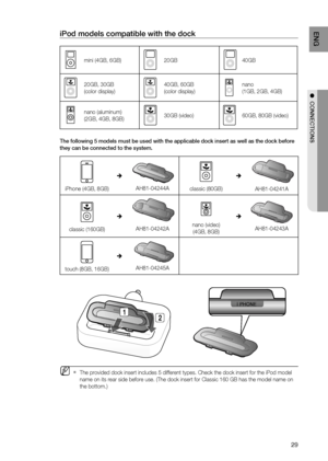 Page 31
2
EnG

●  COnnECtiOnS

iPod models compatible with the dock
mini (4GB, 6GB)20GB40GB
20GB, 30GB
(color display)
40GB, 60GB
(color display)
nano 
(1GB, 2GB, 4GB)
nano (aluminum) 
(2GB, 4GB, 8GB)30GB (video)60GB, 80GB (video)
the following 5 models must be used with the applicable dock insert as well as the dock before 
they can be connected to the system.
iPhone (4GB, 8GB)

AH81-04244Aclassic (80GB)

 
AH81-04241A
classic (160GB)

AH81-04242Anano (video)
(4GB, 8GB)

AH81-04243A
touch (8GB, 16GB)...