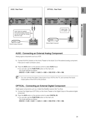 Page 33
31
ENg

●  CONNECTIONS

Audio Cable (not supplied)If the external analog component has only one Audio Out, connect either left or right.
Optical Cable(not supplied)
AUX2 : rear PanelOPTICAL : rear Panel
AUX2 : Connecting an External Analog Component
Analog signal components such as a VCR.
    Connect AUX IN 2 (Audio) on the Home Theater to the Audio Out of the external analog component.
 Be sure to match connector colors.
 Press the AUX button on the remote control to select AUX 2 input. 
You can also...