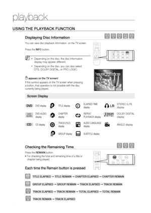 Page 42
playback
0

USINg THE PLAYBACK FUNCTION
Displaying Disc Information dBAGD
You can view disc playback information  on the TV screen.
Press the INFO button.
Depending on the disc, the disc information 
display may appear different.
Depending on the disc, you can also select 
DTS, DOLBY DIGITAL, or PRO LOGIC.
 appears on the TV screen! 
If this symbol appears on the TV screen when pressing 
a button, that operation is not possible with the disc 
currently being played.
DVD displayTITLE displayELAPSED...