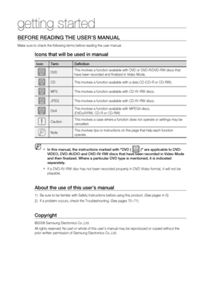 Page 10
getting started


getting started
BEFOrE rEADINg THE USEr’S MANUAL
Make sure to check the following terms before reading the user manual.
Icons that will be used in manual
IconTermDefinition
dDVDThis involves a function available with DVD or DVD-R/DVD-RW discs that 
have been recorded and finalized in Video Mode.
BCDThis involves a function available with a data CD (CD-R or CD-RW).
AMP3This involves a function available with CD-R/-RW discs.
GJPEGThis involves a function available with CD-R/-RW...