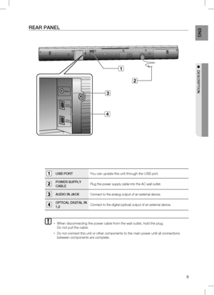 Page 9

EnG

●		DEScRiPTiOn

REAR	PAnEl
USB 	PORTYou can update this unit through the USB port.
POWER 	SUPP ly	
c AB lEPlug the power supply cable into the AC wall outlet.
AUD iO 	in	 JAcKConnect to the analog output of an external device.
OPT icAl	 DiG iTA l	in	
1,2Connect to the digital (optical) output of an external device.
  
When disconnecting the power cable from the wall outlet, hold the plug. \
 
Do not pull the cable.
Do not connect this unit or other components to the main power until all...