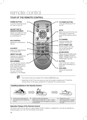 Page 10
10

remote control
TOUR	OF	THE	REMOTE	cOnTROl
  
The remote control can operate TVs made by SAMSUNG only.
Depending on the TV you are using, you may not be able to operate your TV with this 
remote control. In this case, operate the TV using the TV's remote control.
▪
▪
installing batteries in the Remote Control
1. Lift the cover at the back of the remote control upward as shown.
2. Install two AAA size batteries. Make sure to match the “+” and “–” ends of the batteries with the diagram inside the...