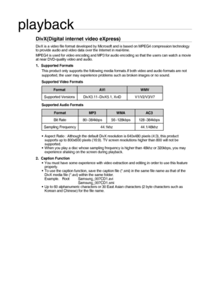 Page 2626
playback
DivX(Digital internet video eXpress) 
DivX is a video ﬁ le format developed by Microsoft and is based on MPEG4 compression technology 
to provide audio and video data over the Internet in real-time. 
MPEG4 is used for video encoding and MP3 for audio encoding so that the users can watch a movie 
at near DVD-quality video and audio.
  Supported Formats
   
This product only supports the following media formats.If both video and audio formats are not 
supported, the user may experience problems...