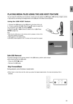 Page 3333
GB
●  PLAYBACK
PLAYING MEDIA FILES USING THE USB HOST FEATURE
You can enjoy the media files such as pictures, movies and tunes saved in an MP3 player, USB memory or digital  camera 
in high audio by connecting the storage device to the USB port of the Room Cinema System.
Using the USB HOST feature
1. Connect the USB device to the USB port on the front of the unit.
2.  If there is partision Of USB, Press the π/† button to select the 
one of partision from USB, then Press ENTER.
3. Press the 
π/† or √/®...