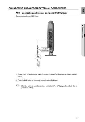 Page 2121
GB
●  CONNECTIONS
CONNECTING AUDIO FROM EXTERNAL COMPONENTS
AUX : Connecting an External Component/MP3 player
Components such as an MP3 Player
     Connect AUX IN (Audio) on the Room Cinema to the Audio Out of the external component/MP3 
player.
Press the AUX button on the remote control to select AUX input.
 
 
When the unit is powered on and you connect an iPod MP3 player, the unit will charge 
your iPods battery. 1.
2.M
Audio Cable
(not supplied)
Audio OUT
02107A-RTSHE10-0521.indd...