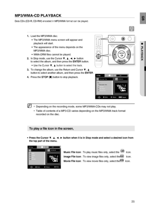 Page 2525
GB
●  PLAYBACK
MP3/WMA-CD PLAYBACK
Data CDs (CD-R, CD-RW) encoded in MP3/WMA format can be played.
A
Load the MP3/WMA disc.
The MP3/WMA menu screen will appear and 
playback will start.
The appearance of the menu depends on the 
MP3/WMA disc.
  WMA-DRM ﬁ les cannot be played.
In Stop mode, use the Cursor 
†, π, √, ® button 
to select the album, and then press the ENTER button.
Use the Cursor †, π button to select the track.
To change the album, use the Return and Cursor †, π button to select another...