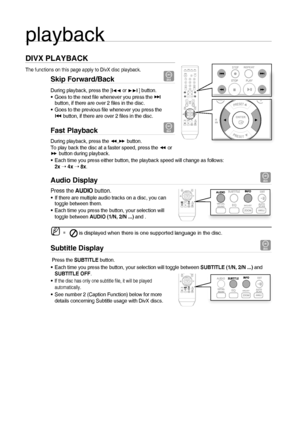 Page 2828
playback
DIVX PLAYBACK
The functions on this page apply to DivX disc playback.
Skip Forward/Back D
During playback, press the [l√√ or ®®l ] button. 
Goes to the next ﬁ le whenever you press the $ 
button, if there are over 2 ﬁ les in the disc. 
Goes to the previous ﬁ le whenever you press the 
# button, if there are over 2 ﬁ les in the disc.
Fast Playback D
During playback, press the , button.
To play back the disc at a faster speed, press the  or 
 button during playback. 
Each time you press...