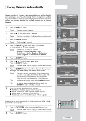 Page 17English-15
Storing Channels Automatically
You can scan for the frequency ranges available to you (and availability\
depends on your country). Automatically allocated programme numbers
may not correspond to actual or desired programme numbers. However,
you can sort numbers manually and clear any channels you do not wish
to watch.
1Press the MENUbutton.
Result
:The main menu is displayed.
2Press the  or  button to select Channel.
Result
:The options available in the Channelgroup are displayed.
3Press...