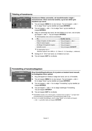 Page 12Dansk-11 Brugfinindstillingsfunktionentilatjustereenbestemtkanalmanuelt,
såmodtagelsenbliveroptimal.1.Brugtalknappernetildirekteatvælgedenkanal,somduvilfinindstille.
2.TrykpåknappenMENUforatvisemenuen.Trykpåknappeneller
foratvælge“Kanal”ogtrykderefterpåknappeENTER.
3.Trykpåknappenellerforatvælge“Finindstilling”ogtrykderefterpå
 knappeENTER.
4.TrykpåknappenellerforatvælgeindstillingenFinindstilling.
 TrykpåknappenENTER.
5.TrykpåknappenEXITforatafslutte....