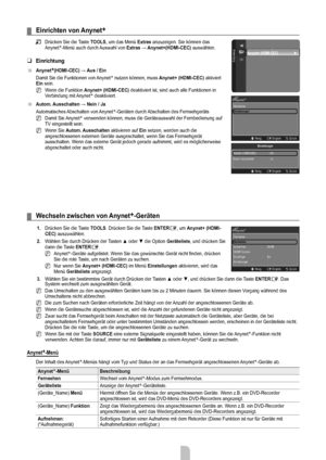 Page 25
Deutsch - 23

Einrichten von Anynet+
Drücken Sie die Taste TOOLS, um das Menü Extras anzuzeigen. Sie können das Anynet+-Menü auch durch Auswahl von Extras	→	Anynet+(HDMI-CEC) auswählen.
Einrichtung
Anynet+
(HDMI-CEC)	→	Aus / Ein
Damit Sie die Funktionen von Anynet+ nutzen können, muss Anynet+ (HDMI-CEC) aktiviert Ein sein.
Wenn die Funktion Anynet+ (HDMI-CEC) deaktiviert ist, sind auch alle Funktionen in Verbindung mit Anynet+ deaktiviert.
Autom.	 Ausschalten	→	Nein	/	Ja
Automatisches Abschalten von...