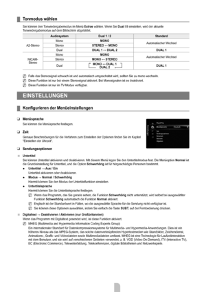 Page 22
Deutsch - 2020

Tonmodus wählen
Sie können den Tonwiedergabemodus im Menü Extras wählen. Wenn Sie Dual l ll einstellen, wird der aktuelle Tonwiedergabemodus auf dem Bildschirm abgebildet.
AudiosystemDual 1 / 2Standard
A2-Stereo
MonoMonoAutomatischer WechselStereoSTErEo ↔ Mono
DualDUAL 1 ↔ DUAL 2DUAL 1
NICAM-Stereo
MonoMonoAutomatischer WechselStereoMono ↔ STErEo
DualMono ↔ DUAL 1 DUAL 2DUAL 1
Falls das Stereosignal schwach ist und automatisch umgeschaltet wird, so\
llten Sie zu mono wechseln.
Diese...