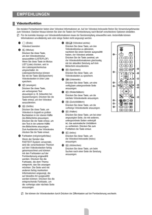 Page 66
Deutsch - 6464

EMPFEHLUngEn
Videotextfunktion
Die meisten Fernsehsender bieten über Videotext Informationen an. Auf der Videotext-Indexseite finden Sie Verwendungshinweise zum Videotext. Darüber hinaus können Sie über die Tasten der Fernbedienung nach Bedarf verschiedene Optionen einstellen.
Für die korrekte Anzeige von Videotextinformationen muss der Senderempfang einwandfrei sein. Andernfalls können Informationen unvollständig sein oder einige Seiten nicht angezeigt w\
erden.
1 : (Ende)
Videotext...