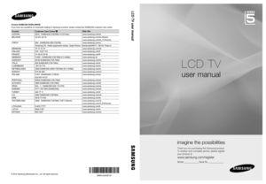 Page 1© 2010 Samsung Electronics Co., Ltd. All rights reserved.BN68-02542E-00
LCD TV user manual
LCD TV
user manual
imagine the possib\yilities
Thank you \for purchasing this Samsung product\b 
To receive more complete service, please register 
your product at
www\bsamsung\bcom/register
Model _____________ Serial No\b _____________
Contact SAMSUNG WORLDWIDE
If you have any questions or comments relating to Samsung products, please contact the SAMSUNG customer care centre.  
Country
Customer Care Centre Web...