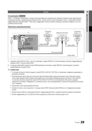 Page 2929Русский
04Дополнительные операцииAnynet+
Что такое Anynet+? t
Anynet+ – это функция, позволяющая с помощью пульта дистанционного управления для телевизора управлять всеми подключенными 
устройствами Samsung, поддерживающими функцию Anynet+. Систему Anynet+ можно использовать только с устройствами Samsung, 
поддерживающими функцию Anynet+. Чтобы узнать, поддерживает ли ваше устройство Samsung эту функцию, проверьте, есть ли на 
устройстве значок Anynet+.
Подключение к домашнему кинотеатру
1. Соедините...