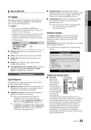 Page 2121Deutsch
03
Grundfunktionen
Bild-im-Bild (PIP) ¦
PIP t
Gleichzeitige Anzeige des Fernsehbilds und des Bilds von einer externen Videoquelle. PIP (Bild-im-Bild) funktioniert nicht, für zwei gleiche Signalquellen. 
HINWEIS ✎
Wenn Sie das Fernsehgerät im  xPIP-Modus ausschalten und wieder einschalten, wird das PIP-Fenster nicht mehr angezeigt.
Möglicherweise wirkt das Bild im PIP-Fenster leicht  xunnatürlich, wenn Sie den Hauptbildschirm zum Anzeigen von Spielen oder für Karaoke verwenden.
PIP-Einstellungen...