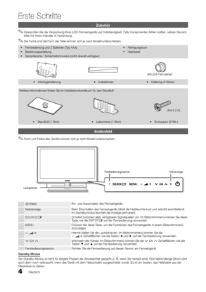 Page 44Deutsch
Erste Schritte
Zubehör
Überprüfen Sie die Verpackung Ihres LCD-Fernsehgeräts auf Vollständigkeit. Falls Komponenten fehlen sollten, setzen Sie sich  ✎bitte mit Ihrem Händler in Verbindung.
Die Farbe und die Form der Teile können sich je nach Modell unterscheiden. ✎
Fernbedienung und 2 Batterien (Typ AAA) y
Bedienungsanleitung y
Garantiekarte / Sicherheitshinweise (nicht überall verfügbar) y
Reinigungstuch y
Netzkabel y
(46-Zoll-Fernseher)
Montagehalterung yKabelbinder yHaltering (4 Stück) y...