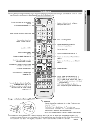 Page 55
01Erste Schritte
Deutsch
Fernbedienung
Dies ist eine spezielle Fernbedienung für Personen mit eingeschränktem Sehvermögen. Die Netztaste sowie die Tasten  
✎zum Einstellen des Senders und der Lautstärke sind in Braille beschriftet.
Einlegen von Batterien (Batteriegröße: AAA)
HINWEIS 
✎
Setzen Sie die Fernbedienung bis zu einer Entfernung von  
xmaximal 7 m ein.
Helles Licht kann die Leistung der Fernbedienung 
 
xverschlechtern. Vermeiden Sie Leuchtstoffröhren oder ein 
Neonschild in der Nähe der...