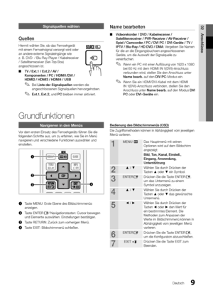 Page 99Deutsch
02AnschlüsseSignalquellen wählen
Quellen
Hiermit wählen Sie, ob das Fernsehgerät 
mit einem Fernsehsignal versorgt wird oder 
an andere externe Signaleingänge wie 
z. B. DVD- / Blu-Ray-Player / Kabelreceiver 
/ Satellitenreceiver (Set-Top Box) 
angeschlossen ist.  
TV / Ext.1 / Ext.2 / AV / 
 
■
Komponenten / PC / HDMI1/DVI / 
HDMI2 / HDMI3 / HDMI4 / USB
Bei 
 
✎Liste der Signalquellen  werden die 
angeschlossenen Signalquellen hervorgehoben. 
Ext.1, Ext.2, 
 
✎und PC  bleiben immer aktiviert....