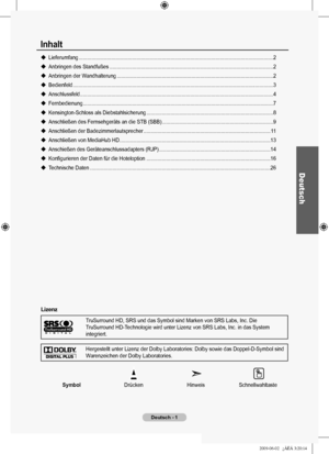 Page 4
Deutsch - 1
SymbolDrückenHinweisSchnellwahltaste
Inhalt
Lieferumfang ........................................................................\
......................................................... .........2
Anbringen des Standfußes ........................................................................\
............................................2
Anbringen der Wandhalterung  ........................................................................\
.......................................2...