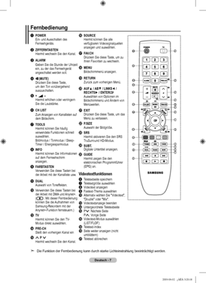 Page 10
Deutsch - 
Fernbedienung
1 POWER
    Ein- und Ausschalten des 
Fernsehgeräts.
2 ZIFFERNTASTEN
    Hiermit wechseln Sie den Kanal.
3 ALARM
    Geben Sie die Stunde der Uhrzeit 
ein, zu der das Fernsehgerät angeschaltet werden soll.
4 (MUTE)
    Drücken Sie diese Taste, 
um den Ton vorübergehend auszuschalten.
5 + = -   Hiermit erhöhen oder verringern Sie die Lautstärke.
6 CH LIST   Zum Anzeigen von Kanallisten auf dem Bildschirm.
7 TOOLS 
    Hiermit können Sie häufig 
verwendete Funktionen schnell...