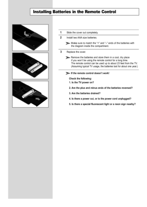 Page 12
English-10

Installing Batteries in the Remote Control

1
Slide the cover out completely.

2
Install two AAA size batteries.
Makesure to match the “+” and “–” ends of the batteries with
the diagram inside the compartment.

3
Replace the cover.
Remove the batteries and store them in a cool, dry placeif you won’t be using the remote control for a long time.
The remote control can be used up to about 23 feet from the TV.
(Assuming typical TV usage, the batteries last for about one year.)

If the remote...