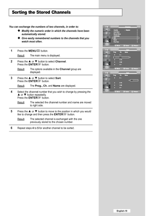 Page 21
English-19

Sorting the Stored Channels

You can exchange the numbers of two channels, in order to:
Modify the numeric order in which the channels have been
automatically stored.
Give easily remembered numbers to the channels that you
watch most often.

1
Press the 
MENU
button.
Result
:The main menu is displayed.

2
Press the or  button to select 
Channel
.
Press the 
ENTER
button.
Result:The options available in the 
Channel
group are
displayed.

3
Press the or  button to select 
Sort
.Press the...