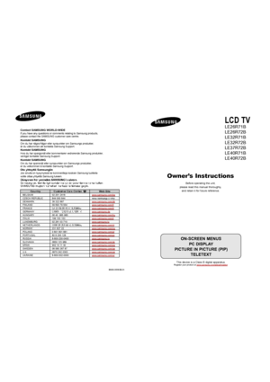 Page 1LCD TV
LE26R71B
LE26R72B
LE32R71B
LE32R72B
LE37R72B
LE40R71B
LE40R72B
Owner’s Instructions
Before operating the unit,
please read this manual thoroughly,
and retain it for future reference.ON-SCREEN MENUS
PC DISPLAY
PICTURE IN PICTURE (PIP)
TELETEXT
 This device is a Class B digital apparatus.
Register your product at www.samsung.com/global/registerBN68-00983B-01
Contact SAMSUNG WORLD-WIDE
If you have any questions or comments relating to Samsung products, 
please contact the SAMSUNG customer care...