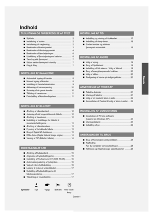 Page 2Dansk-1Indhold
TILSLUTNING OG FORBEREDELSE AF TV’ET
 Stykliste.................................................................... 2
 Installeringafsoklen................................................ 2
 Installeringafvægbeslag..................................... 2
 Beskrivelseafkontrolpanelet................................... 3
 Beskrivelseaftilslutningspanelet............................. 4
 Beskrivelseaffjernbetjeningen................................ 6...