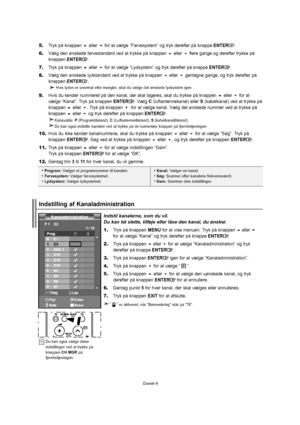 Page 10Dansk-9 Program: Vælgeretprogramnummertilkanalen.
 Farvesystem: Vælgerfarvesystemet.
 Lydsystem:Vælgerlydsystemet.
Kanal:Vælgerenkanal.
Søg:Scannerefterkanalensfrekvensværdi.
Gem:Gemmerdineindstillinger.
Indstilkanalerne,somduvil.
Dukanletslette,tilføjeellerlåsedenkanal,duønsker.
1.TrykpåknappenMENUforatvisemenuen.Trykpåknappeneller
foratvælge“Kanal”ogtrykderefterpåknappeENTER.
2.
Trykpåknappenellerforatvælge“Kanaladministration”ogtryk
 derefterpåknappeENTER.
3....