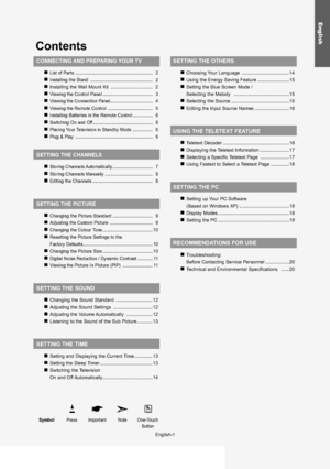 Page 3English-1
English
Contents
CONNECTING AND PREPARING YOUR TV
List of Parts .............................................................. 2
Installing the Stand .................................................. 2
Installing the Wall Mount Kit ................................ 2Viewing the Control Panel ........................................ 3
Vi ewing the Connection Panel.................................. 4
Vi ewing the Remote Control .................................... 5
Installing Batteries in the...