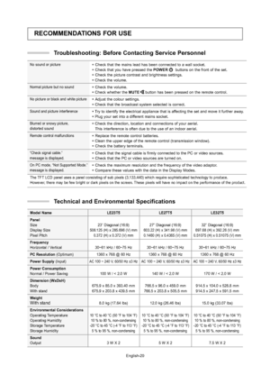 Page 22English-20
Technical and Environmental Specifications 
RECOMMENDATIONS FOR USE
No sound or picture
Normal picture but no sound
No picture or black and white picture
Sound and picture interference
Blurred or snowy picture, 
distorted sound
Remote control malfunctions
“Check signal cable.” 
message is displayed.
On PC mode, “Not Supported Mode.”
message is displayed.
The TFT LCD panel uses a panel consisting of sub pixels (3,133,440) which requ\
ire sophisticated technology to produce. 
However, there may...