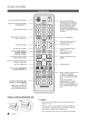 Page 76
Erste Schritte
Deutsch
CH LIST
MUTE
POWER
SOURCE
PRE-CH
MENU
TOOLS
RETURN
ADP.SI\fESUBT.
DUAL
EXIT
INFO
TTX\bMIX
ABCD
INTERNETMEDIA.P
CONTENTGUIDE
ON\bOFF
 f-g@ T V
Fernbe\bienung
Einlegen	von	Batte\bien	(Batte\bieg\böße:	AAA)
 ✎HINWEIS
 xSetzen Sie die Fernbedienung bis zu einer Ent\fernung von 
maximal 7 m ein\b
 xHelles Licht kann die Leistung der au\f der Fernbedienung 
verschlechtern\b Vermeiden Sie Leuchtsto\f\fröhren oder ein 
Neonschild in der Nähe der Fernbedienung\b
 xForm und Farbe können...