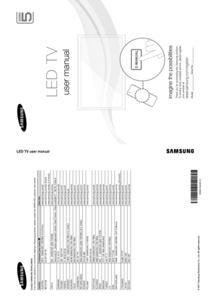 Page 1L E D  TVuser manual
imagine the possibilitiesThank you for purchasing this Samsung product.  
To receive more complete service, please register  
your product atwww.samsung.com/registerModel  _____________ Serial No. _____________
E-MANUAL
© 2011 Samsung Electronics Co., Ltd. All rights reserved.
BN68-03404E-01
Contact SAMSUNG WORLDWIDE 
If you have any questions or comments relating to Samsung products, 
please contact the SAMSUNG customer care centre.
Country
Customer Care Centre 
Web Site
AUSTRIA...