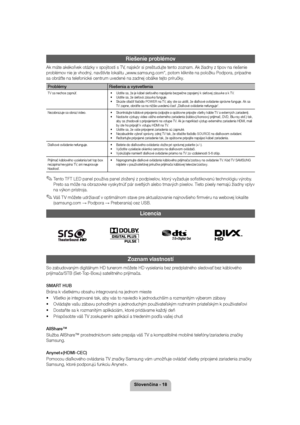 Page 186ORYHQþLQD
Riešenie problémov
Ak máte akékoľvek otázky v spojitosti s TV, najskôr si preštudujte tento zoznam. Ak žiadny z tipov na riešenie  
problémov nie je vhodný, navštívte lokalitu „www.samsung.com“, potom kliknite na položku Podpora, prípadne sa obráťte na telefonické centrum uvedené na zadnej obálke tejto príručky.
Problémy Riešenia a vysvetlenia
TV sa nechce zapnúť.XUistite sa, že je kábel sieťového napájania bezpečn e zapojený k sieťovej zásuvke a k TV. 
X Uistite sa, že sieťová...