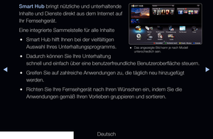 Page 171▶◀▶
Deutsch
Smart Hub bringt nützliche und unterhaltende 
Inhalte und Dienste direkt aus dem Internet auf 
Ihr Fernsehgerät.
Eine integrierte Sammelstelle für alle Inhalte
 
●Smart Hub hilft Ihnen bei der vielfältigen 
Auswahl Ihres Unterhaltungsprogramms.
 
●Dadurch können Sie Ihre Unterhaltung 
schnell und einfach über eine benutzerfreundliche Benutzeroberfläche steuern.
 
●Greifen Sie auf zahlreiche Anwendungen zu, die täglich neu hinzugefügt 
werden.
 
●Richten Sie Ihre Fernsehgerät nach Ihren...