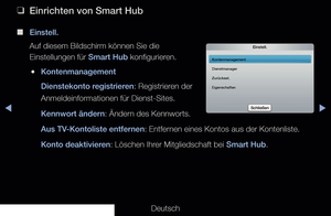 Page 183▶◀▶
Deutsch
 
❑
Einrichten von Smart Hub
 
■
Einstell.
Auf diesem Bildschirm können Sie die 
Einstellungen für Smart Hub konfigurieren. 
 
●Kontenmanagement
Dienstekonto registrieren: Registrieren der 
Anmeldeinformationen für Dienst-Sites.
Kennwort ändern: Ändern des Kennworts.
Aus TV-Kontoliste entfernen: Entfernen eines Kontos aus der Kontenliste.
Konto deaktivieren: Löschen Ihrer Mitgliedschaft bei Smart Hub.
Einstell.
Kontenmanagement
Dienstmanager
Zurückset.
Eigenschaften
Schließen
 