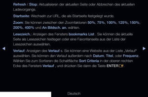 Page 193▶◀▶
Deutsch
Refresh / Stop: Aktualisieren der aktuellen Seite oder Abbrechen des aktuellen 
Ladevorgangs.
Startseite: Wechseln zur URL, die als Startseite festgelegt wurde.
Zoom: Sie können zwischen den Zoomfaktoren 50%, 75%, 100%, 125%, 150%, 
200%, 400% und An Bildsch. an. wählen.
Lesezeich.: Anzeigen des Fensters bookmarks List . Sie können die aktuelle 
Seite als Lesezeichen festlegen oder eine Favoritenseite aus der Liste d\
er 
Lesezeichen auswählen.
Verlauf: Anzeigen des Verlauf s. Sie können eine...