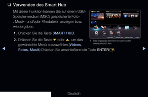 Page 223▶◀▶
Deutsch
 
❑
Verwenden des Smart Hub
Mit dieser Funktion können Sie auf einem USB-
Speichermedium (MSC) gespeicherte Foto-
, Musik- und/oder Filmdateien anzeigen bzw. 
wiedergeben.
1.  Drücken Sie die Taste SMART HUB.
2.  Drücken Sie die Taste 
d oder 
u, um das 
gewünschte Menü auszuwählen (Videos, 
Fotos, Musik) Drücken Sie anschließend die Taste ENTER E.
 
● Das angezeigte Bild kann je nach Modell 
unterschiedlich sein.
Suchen
Your Video
Favoriten
TV-Aufzeichnung
Quelle
Sender
Musik Full Browser...