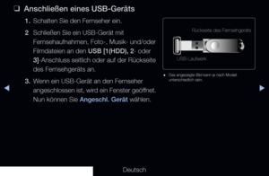 Page 224◀▶
Deutsch
◀
 
❑
Anschließen eines USB-Geräts
1. Schalten Sie den Fernseher ein.
2  Schließen Sie ein USB-Gerät mit 
Fernsehaufnahmen, Foto-, Musik- und/oder 
Filmdateien an den USB [1(HDD), 2- oder 
3]-Anschluss seitlich oder auf der Rückseite 
des Fernsehgeräts an.
3.  Wenn ein USB-Gerät an den Fernseher 
angeschlossen ist, wird ein Fenster geöffnet. 
Nun können Sie Angeschl. Gerät wählen.
Rückseite des Fernsehgeräts
USB-Laufwerk
 
● Das angezeigte Bild kann je nach Modell 
unterschiedlich sein.
   