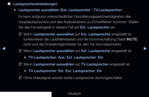 Page 86◀▶
Deutsch
◀
 
■
Lautsprechereinstellungen
 
●Lautsprecher auswählen (Ext. Lautsprecher / TV-Lautsprecher)
Es kann aufgrund unterschiedlicher Decodierungsgeschwindigkeiten des 
Hauptlautsprechers und des Audioreceivers zu Echoeffekten kommen. Stellen 
Sie das Fernsehgerät in diesem Fall auf Ext. Lautsprecher ein.
 
NWenn Lautsprecher auswählen auf Ext. Lautsprecher eingestellt ist, 
funktionieren die Lautstärketasten und die Stummschaltung (Taste MUTE) 
nicht und die Einstellmöglichkeiten für den Ton...