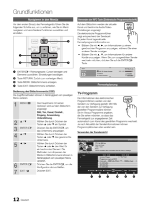 Page 1312Deutsch
Grund\bunktionen
Navigieren in \ben Menüs
Vor dem ersten Einsat\yz des Fernsehgeräts \führen Sie die 
\folgenden Schritte a\yus, um zu er\fahren, wie Sie im Menü\y 
navigieren und verschiedene\y Funktionen auswäh\ylen und 
einstellen\b
1	ENTERE / Richtungstaste:\y Cursor bewegen un\yd 
Elemente auswählen\b \yEinstellungen bestä\ytigen\b
2	 Taste RETURN: Zurück zum vorhe\yrigen Menü\b
3	 Taste MENU: Bildschirmmenü an\yzeigen\b
4	 Taste EXIT: Bildschirmmenü sc\yhließen\b
Bedienung
	
des...