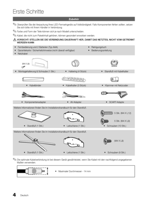 Page 54Deutsch
Erste Schritte
Zubehör
 ✎Überprü\fen Sie die Verpackung Ihres LED-Fernsehgeräts au\f Vollständigkeit\b Falls Komponenten \fehlen sollten, setzen 
Sie sich bitte mit Ihrem Händler in Verbindung\b
 ✎Farbe und Form der Teile können sich je nach Modell unterscheiden\b
 ✎Kabel, die nicht zum Paketinhalt gehören, können gesondert erworben werden\b
	[VORSICHT:	STELLEN	SIE	DIE	VERBINDUNG	DAUERHAFT	HER,	DAMIT	DAS	NETZTEIL	NICHT	VOM	GETRENNT	WERDEN 	 K ANN
 yFernbedienung und 2 Ba\ytterien (Typ AAA)...