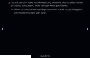 Page 226◀▶
Nederlands
◀
2. Gebruik een LAN-kabel voor de verbinding tussen het externe modem en de 
pc waarop Samsung PC Share Manager wordt geïnstalleerd.
 
●U kunt de tv rechtstreeks op de pc aansluiten, zonder de verbinding door 
een verdeler (router) te laten lopen.
   