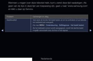 Page 282◀▶◀
Nederlands
Wanneer u vragen over deze televisie hebt, kunt u eerst deze lijst raadpl\
egen. Als 
geen van de tips in deze lijst van toepassing zijn, gaat u naar ‘www.samsung.com’ 
en klikt u daar op Service.
Probleem 
Oplossingen en uitleg
Beeldkwaliteit Voer eerst de functie Het beeld testen uit om te controleren of uw televisie 
het testbeeld juist weergeeft.
(Ga naar MENU - Ondersteuning - Zelfdiagnose - Het beeld testen)
Als het testbeeld correct wordt weergegeven, wordt het slechte beeld...