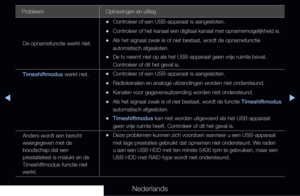 Page 290◀▶◀
Nederlands
Probleem Oplossingen en uitleg
De opnamefunctie werkt niet.
 
•Controleer of een USB-apparaat is aangesloten.
 
•Controleer of het kanaal een digitaal kanaal met opnamemogelijkheid is.
 
•Als het signaal zwak is of niet bestaat, wordt de opnamefunctie 
automatisch afgesloten.
 
•De tv neemt niet op als het USB-apparaat geen vrije ruimte bevat. 
Controleer of dit het geval is.
Timeshiftmodus werkt niet.
 
•Controleer of een USB-apparaat is aangesloten.
 
•Radiokanalen en analoge...