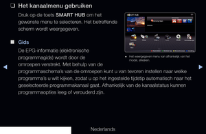 Page 4◀▶
Nederlands
◀
 
❑
Het kanaalmenu gebruiken
Druk op de toets SMART HUB om het 
gewenste menu te selecteren. Het betreffende 
scherm wordt weergegeven.
 
■
Gids
De EPG-informatie (elektronische 
programmagids) wordt door de 
omroepen verstrekt. Met behulp van de 
programmaschema’s van de omroepen kunt u van tevoren instellen naar welke 
programma’s u wilt kijken, zodat u op het ingestelde tijdstip automatisch naar het\
 
geselecteerde programmakanaal gaat. Afhankelijk van de kanaalstatus kunnen...