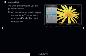 Page 10◀▶
Nederlands
◀
 
■
Kanalenlijst
Hier vindt u een overzicht van alle 
gevonden kanalen.
 
OAls u op de afstandsbediening op 
de toets CH LIST drukt, wordt 
het scherm Kanalenlijst direct 
weergegeven.
 
● Het weergegeven beeld kan, afhankelijk van het model, afwijken.
2  B 
3  C
4  D
5 ENo Informatio n
6                    F
7                    G
8                    H
9                     I
10                  J
11                  K
12                  L
1                  
 A
a  Antenne   
{...