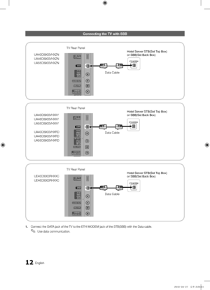 Page 1212English
Connectin\f the TV w\mith SBB
1.\fConnect the DATA jack of the TV to \fthe ETH\fMODEM jack of the STB(SBB\f) with the Data ca\fble\b
 
✎Use data communication\b
ETH MODEM
ETH MODEM
ETH MODEM
T V Rea\f Panel
 Data CableHotel Server STB(Set Top Box) 
or SBB(Set Back Box)UA40C6900VHXXY
UA46C6900VHXXY
UA55C6900VHXXY
UA40C6900VHXRD
UA46C6900VHXRD
UA55C6900VHXRD
ETH MODEM
ETH MODEM
ETH MODEM
T V Rea\f Panel Data CableHotel Server STB(Set Top Box) 
or SBB(Set Back Box)UE40C6000RHXXC
UE46C6000RHXXC
ETH...