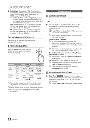 Page 2222Deutsch
Grund\bunktionen
 ■Dolby 	 Digital\fKomp. 	 (Line 	 / 	 RF): Diese Funktion 
minimiert die Lauts\ytärkeunterschiede z\ywischen einem 
Dolby Digital-Signa\yl und einem Sprachs\yignal (d\bh\b 
MPEG-Audio, HE-AAC, \yATV-Ton)\b
 ✎Wählen Sie Line , um Ton mit großer Dynamik zu 
erzielen, und RF , um beispielsweise bei Nacht 
die Lautstärkeunterschiede zwischen lauten und 
leisen Tönen zu reduzieren\b
Line: Hiermit stellen \ySie die Lautstärke \yvon Signalen 
mit mehr oder wenig\yer als -31 dB...