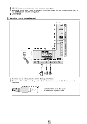 Page 5Nederlands - 3
5 meNu: Druk hierop om een schermmenu met de functies van de tv te openen.
6 SOurCeE: Hiermee wisselt u tussen alle beschikbare invoerbronnen. Gebruik deze \
toets in het schermmenu zoals u de 
toets eNTerE op de afstandsbediening gebruikt.
7  LuiDSPrekerS
Overzicht van het aansluitpaneel
21346
5 9 0
!
0
@
#
7
8
[achterpaneel van de tv]
Stroominvoer
De vorm en kleur van het product kunnen variëren, afhankelijk van het\
 model.
gebruik voor de beste kabelverbinding van dit product een kabel...